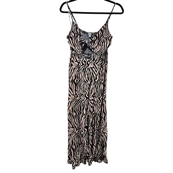 tan and black zebra print cutout sundress with tie front and front slit‎ - Picture 1 of 8